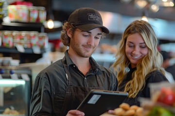 Two hospitality workers using a tablet to manage orders at work, Generative AI