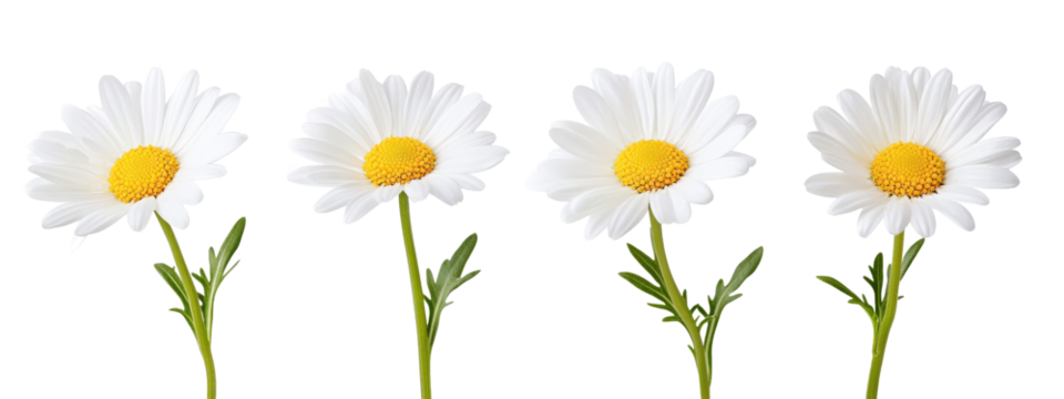A row of white daisies with yellow centers. The flowers are in full bloom and are arranged in a straight line. The image has a serene and peaceful mood, as the flowers are a symbol of purity