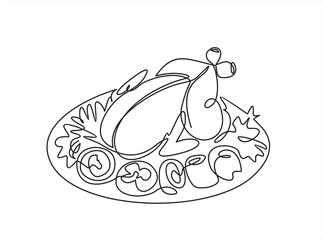 Meat with vegetables dish. Chicken or turkey and vegetable salad. One continuous line drawing. Food in a restaurant. One Line Art isolated white background.	