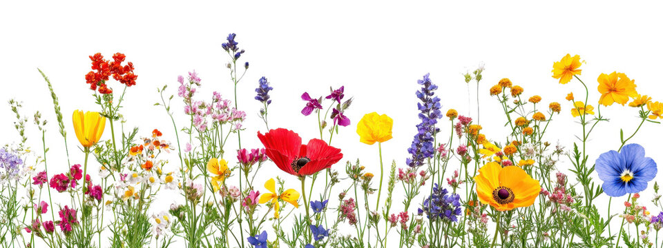 A field of flowers with a variety of colors including yellow, red, and purple. The flowers are scattered throughout the image, creating a vibrant and lively scene