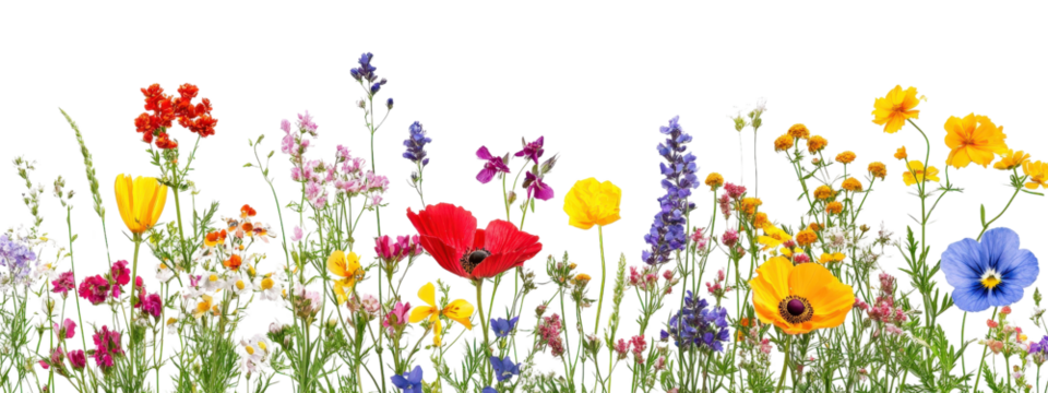 A field of flowers with a variety of colors including yellow, red, and purple. The flowers are scattered throughout the image, creating a vibrant and lively scene