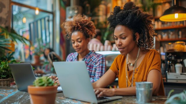 Female-run small business: Two women working as a team in a coffee shop, Generative AI