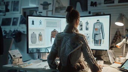 A young Asian female fashion designer works on a new clothing line in her studio. She wears a stylish jacket and glasses, intently focusing on two large monitors displaying clothing designs.