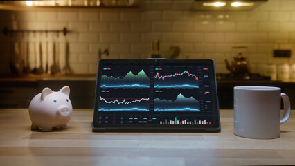 Tablet computer with financial charts on screen standing on the kitchen table with piggy bank....