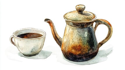 A vintage coffee pot and cup clipart, retro cafe style, watercolor rendering, nostalgic tones, isolated on white background