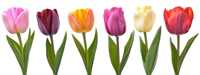 A row of tulips in various colors. The flowers are arranged in a line, with the pink and purple ones on the left and the yellow and orange ones on the right. Concept of harmony and balance