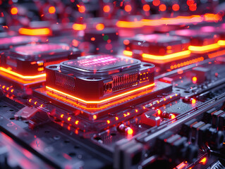 Close-up electronic circuit board. technology style concept. Contemporary Super Computer Processor. Industrial Robotic Manipulator End Effector Holding CPU Chip