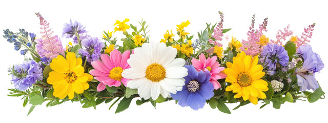 A colorful bouquet of flowers with a white background. The flowers are arranged in a row, with some of them being pink, yellow, and purple. Scene is cheerful and bright