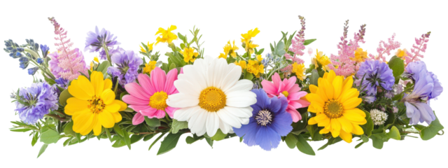 A colorful bouquet of flowers with a white background. The flowers are arranged in a row, with some of them being pink, yellow, and purple. Scene is cheerful and bright