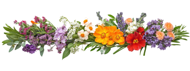 A colorful bouquet of flowers with a white background. The flowers are arranged in a row, with some of them being pink, yellow, and purple. Scene is cheerful and bright