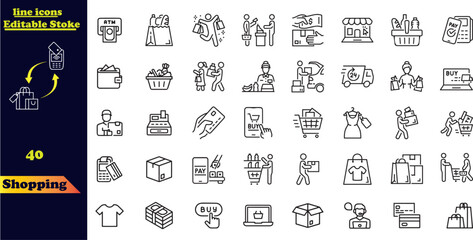 Shopping icon set. Online shopping, store, delivery, promotion and shopping cart symbol.