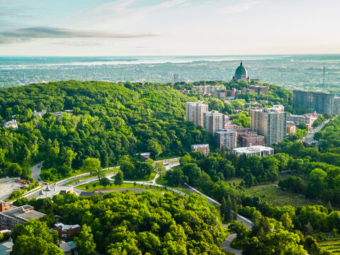 Montreal, Canada - July 14 2024: Panorama drone view from Mont Royal in Montreal