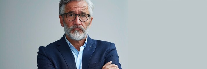 Mature gray haired businessman in smart attire looking skeptical and apprehensive displaying disapproval with folded arms Negative demeanor