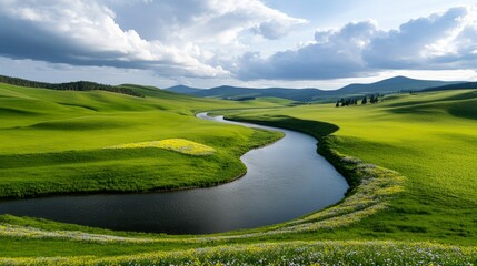 A rolling countryside with fields of blooming wildflowers, a meandering river, and distant hills under a partly cloudy sky, ultra HD,