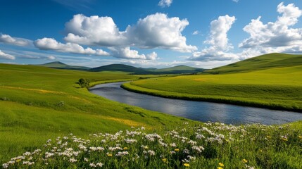 Fototapeta premium A rolling countryside with fields of blooming wildflowers, a meandering river, and distant hills under a partly cloudy sky, ultra HD,