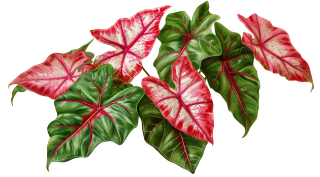 Red Caladium leaves pattern or elephant ear on transparent background, png