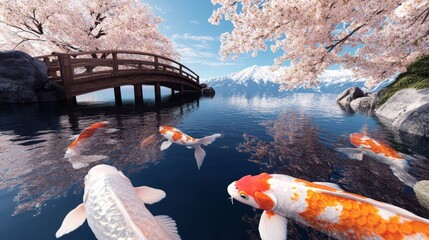 A tranquil pond in a Japanese garden with koi fish, a wooden bridge, and cherry blossoms in full bloom, ultra HD,