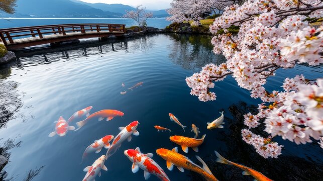 A tranquil pond in a Japanese garden with koi fish, a wooden bridge, and cherry blossoms in full bloom, ultra HD,