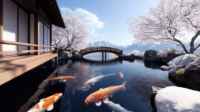 A tranquil pond in a Japanese garden with koi fish, a wooden bridge, and cherry blossoms in full bloom, ultra HD,