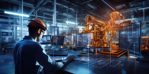 Manager engineer check and control automation robot arms machine on global network and monitoring software. Innovation of robotics and digital manufacturing operation on futuristic 