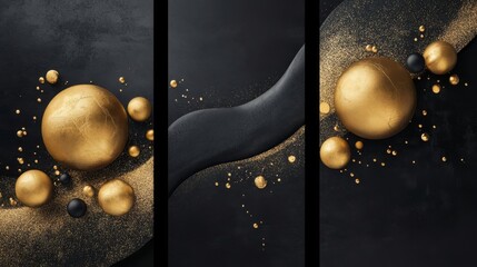 Triad of Transformation A Striking Mural Featuring Geometric Conceptual Art and Golden Melting Globes on a Bold Black Canvas