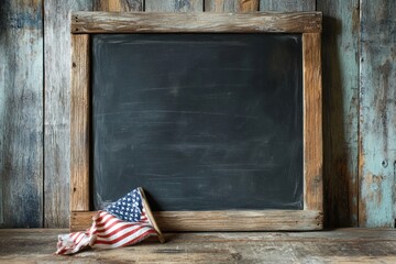 Rustic Wooden Background with a Chalkboard and an American Flag