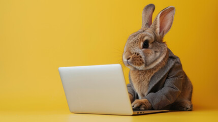 Rabbit wearing suit working on laptop against yellow background