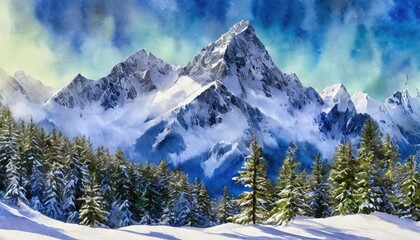 Obraz premium Snow-covered mountain range with pine trees in the foreground, under a vibrant blue sky.