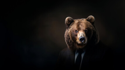 Fototapeta premium Portrait of grizzly bear dressed in business suit and tie posing in modern office for business portrait, animal photo concept