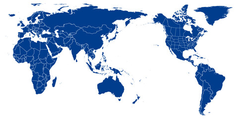 World Map vector. Blue similar world map blank vector on white background. Blue similar world map with borders of all countries and States of USA map, and  Provinces and territories of Canada. 