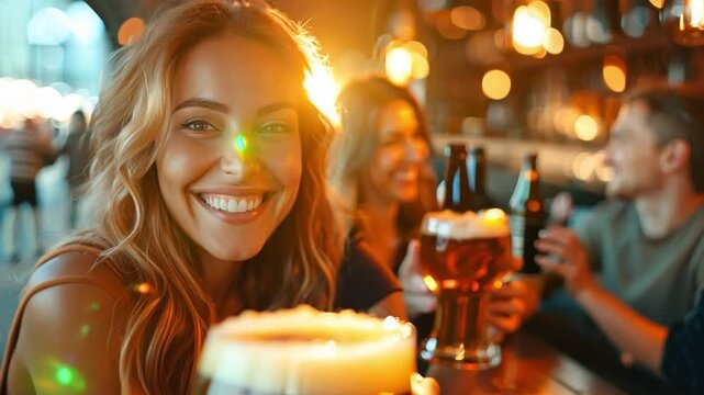 Together, best friends sipping beer and chatting in a city bar