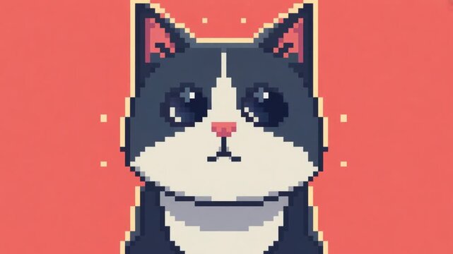 Pixel art illustration of a cat on a minimal background. Retro and nostalgic design, digital simplicity.