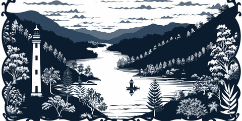 Serene black and white river landscape with lighthouse, intricate illustration capturing tranquil natural scenery and waterway view