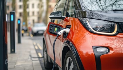 An electric car is currently in the process of being charged at a designated charging station