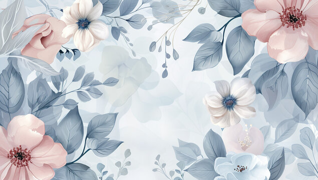 Fototapeta wallpaper illustration with soft pastel pink, blue and white flowers and leaves against a light background