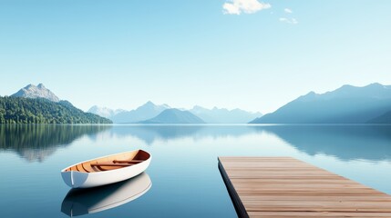 Tranquil lake scene featuring a white boat and wooden pier, surrounded by stunning mountains under a clear blue sky.