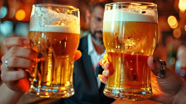 Together, best friends sipping beer and chatting in a city bar