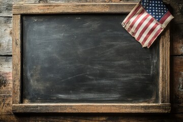 Rustic Wooden Frame with American Flag and Blank Chalkboard