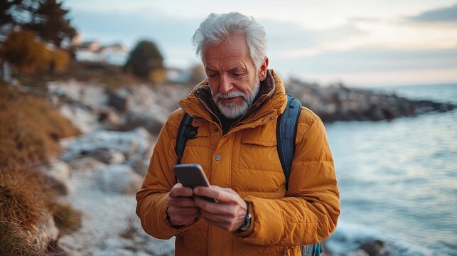 Senior man staying active by the seaside using phone during a jog, Generative AI