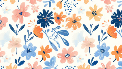 Retro blue, pink and orange floral pattern with pastel flowers on white background. Hand drawn retro illustration of vintage design elements. Vector flat drawing of abstract decorative print for...