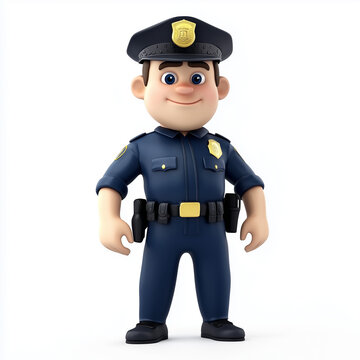 Cute cartoon police officer character in uniform, 3D render for law enforcement and public safety concepts
