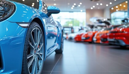 Obraz premium A sleek blue sports car is currently parked inside a bright car showroom for display purposes