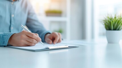 Obraz premium A professional insurance agent reviewing a home insurance policy with clients at a desk, set against a backdrop of modern office decor and warm lighting to emphasize a professional