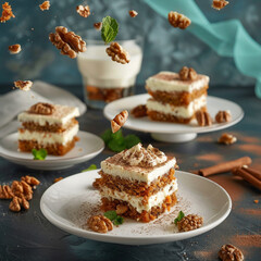 rectangular sliced ​​​​pieces of carrot cake according to the recipe Carrot sponge cake with walnuts and cinnamon, cream cheese cream