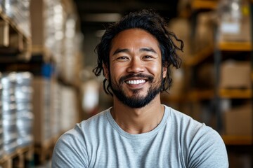 Ethnic entrepreneur smiling at the camera in a warehouse, Generative AI