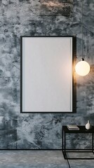Modern living room interior with concrete walls, concrete floor, gray armchair and vertical mock up poster.