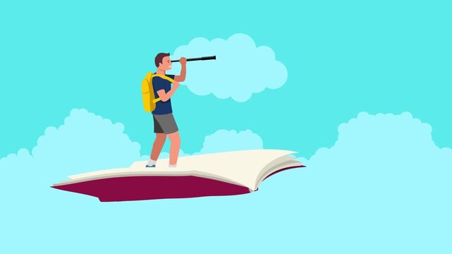 Cartoon animation of a student boy using a telescope riding on a flying book. Perfect for educational, inspirational, and imaginative  contents, symbolizes the pursuit of knowledge and curiosity