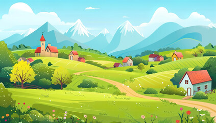 cartoon style illustration of a beautiful farm landscape with green fields, houses and mountains in the background, colorful vector illustration in the style of a cartoon, colorful vector...