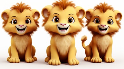 Collection of 3d adorable happy cartoon lions, isolated on white backdrop, in png format