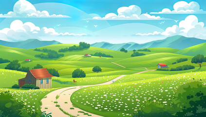 cartoon style green farm fields with small houses and mountains in the background, colorful simple vector art flat design high resolution high details high contrast bright colors sunny day blue...
